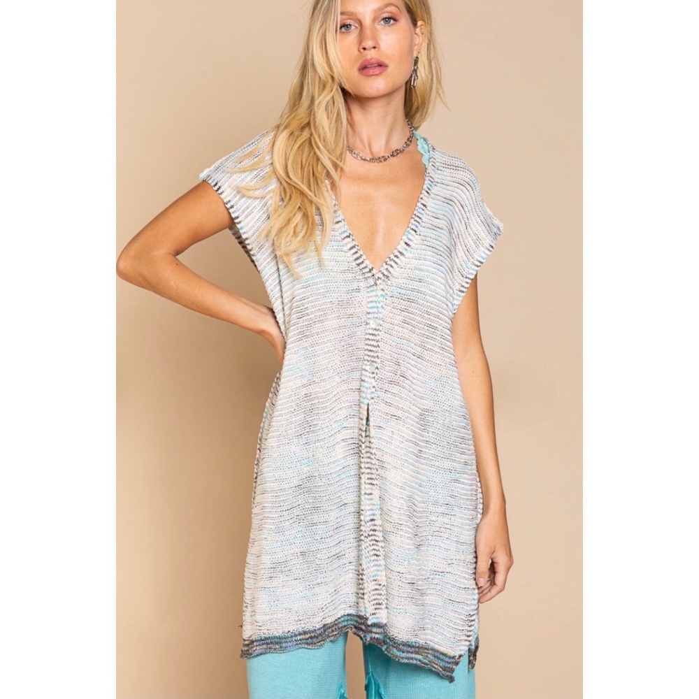 POL Ivory & Blue Multi V Neck Button Front Cap Sleeve Long Cardigan - Picture 8 of 8